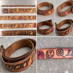 All pics are of the same one belt. See all 12 pics for details & enlarge each pic for a closer look. Any wear is to be considered character. Belt only. No buckle. Size 36 or 38 (hard for me to make it out). See pics for measurements. Could be worn by him or her depending on your style. My opinion is that 4 of the sizing holes are original & 4 have been added. gambling, gamble, four leaf clover, cards, horse shoes, size, western, cowboy, cowgirl, hippy, hippie Lucky 7, Horse Shoes, Career Inspiration, Horse Shoe, Hand Tooled Leather, Vintage Tools, Cowboy Cowgirl