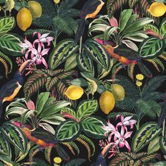 a painting of tropical plants and fruit on a black background with yellow, pink, green, and white flowers