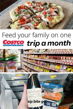 a person holding up a bag of pizza in front of an open refrigerator with the caption feed your family on one trip a month