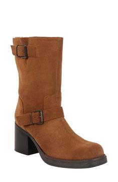 Add the edginess you crave to your ensemble with this leather boot brightened with polished buckles and lifted on a chunky block heel. 2 1/2" heel 7 3/4" shaft Cushioned footbed Leather upper/synthetic lining/rubber sole Imported Brown Moto Boots With Stacked Heel For Fall, Brown Block Heel Moto Boots For Fall, Brown Wide Calf Boots With Block Heel, Brown Moto Boots With Block Heel For Fall, Fall Boots With Buckle Closure And Block Heel, Brown Moto Boots With Buckle Closure Medium Width, Brown Wide Calf Mid-calf Boots With Stacked Heel, Brown Moto Boots With Buckle Closure, Workwear Moto Boots With Stacked Heel