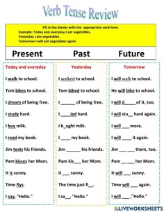 verb tense worksheet with pictures and words