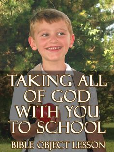 a young boy standing in front of trees with the words taking all of god with you to school