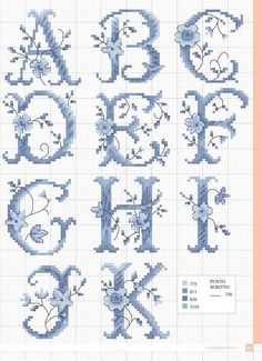 the cross stitch alphabet is shown in blue