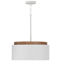 a white chandelier hanging from a ceiling fixture with a wooden ring around it