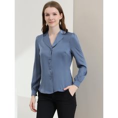 Complete your chic style with this satin button-up shirt. This satin button-up shirt features button cuffs and a notch collar perfectly. Pair it with jeans and work pants for your casual chic look. To create an elegant image with a classic design. Look smart and classic in this shirt finished with solid color fabric. With shiny and smooth fabric, this satin shirt makes you look elegant and romantic. Formal V-neck Shirt With Button Closure, Elegant Single Breasted Tops, Office Wear Shirt With Button Closure, Elegant Single-breasted Button-up Top, Elegant Single Breasted Button-up Top, Elegant Single-breasted Collared Shirt, Elegant Single Breasted Collared Shirt, Elegant Single Breasted Top With Spread Collar, Elegant Single-breasted Top With Spread Collar