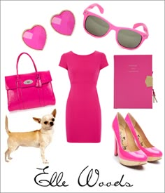 a woman's outfit and accessories including pink shoes, sunglasses, purse, book, handbag