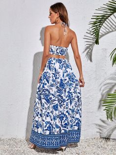 Azul Bohemio Collar sin mangas Tela tricotada Floral,Plantas,todo estampado Tirantes Embellished No-Elástico Blue Beach Dress For Summer Parties, Blue Sleeveless Beach Dress For Summer Parties, Blue Halter Neck Maxi Dress For Beach, Sleeveless Blue Maxi Dress For Beach, Blue Halter Neck Beach Dress, Blue Sundress For Summer Parties, Blue Halter Neck Sundress For Beach Party, Beachy Blue Halter Neck Beach Dress, Blue Halter Neck Dress For Vacation