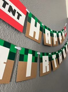 this is an image of a minecraft birthday party banner with the word minecraft on it