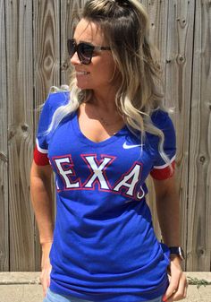 Nike Texas Rangers Womens Blue Dry V Short Sleeve T-Shirt - 17256745 Sporty Jersey Tops With Team Logo, Texas Rangers Game Outfit, Blue Tops With Team Name For Baseball Season, Blue Tops For College During Baseball Season, Blue Baseball Season Top With Team Logo, Blue Tops With Team Logo For Baseball Season, Blue Baseball Fan Apparel Tops, Blue Collegiate Tops For Baseball Season, Blue Fan Apparel Tops For Baseball Season