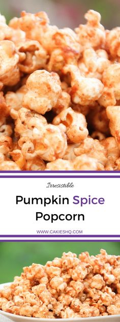 pumpkin spice popcorn in a white bowl with the title overlaying it's image