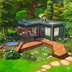 an artist's rendering of a small house in the middle of a lush green forest