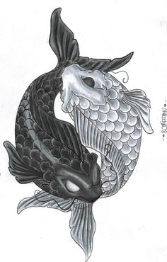 a black and white drawing of a koi fish