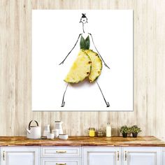 a drawing of a woman holding a piece of pineapple in her hand on a white background