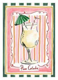 a watercolor painting of a drink with an umbrella on the top in front of a pink and green striped background