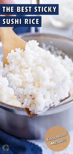 the best sticky sushi rice is in a pan with a wooden spoon on it