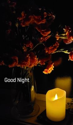 a lit candle sitting next to a vase with flowers in it and the words good night written below