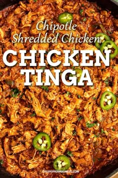 shredded chicken in a skillet with green peppers and jalapenos on the side