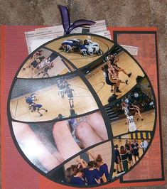 a collage of photos with people playing basketball in the middle and on the side