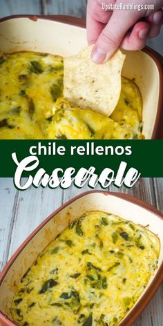 a casserole dish with cheese and spinach is being lifted by a tortilla chip