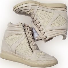 These Gorgeous Wedge Shoes Are Brand New In The Box! They Feature A Beautiful Light Taupe Color With Laces Up The Front And A Sponge Like Detailing On The Sides And Toes! They Have Functioning Zippers On The Outside For Easy Use! Size 8 Casual Beige Synthetic Wedge Sneakers, Beige Casual Wedge Sneakers For Spring, Casual Beige Wedge Sneakers For Spring, Light Taupe Color, Lace Up Wedges, Taupe Color, Womens Shoes Wedges, Beautiful Lights, Aeropostale