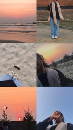 four different pictures of people on the beach at sunset