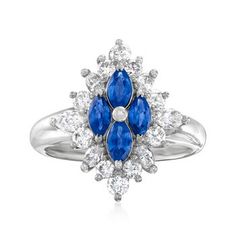 Ross-Simons - C. 1990 Vintage .81ct t. w. Diamond, .72ct t. w. Sapphire Ring Size 5.25. C. 1990. Add a dash of color and sparkle to your favorite ensembles! From our Estate collection, this fabulous ring presents a poised flower centered with .72 ct. t. w. marquise sapphires and outlined by .81 ct. t. w. marquise and round brilliant-cut diamonds. Set in platinum. 3/4" wide. Diamond and sapphire ring. Exclusive, one-of-a-kind Estate Jewelry. Sapphire birthstones are the perfect gift for September Classic Marquise Multi-stone Diamond Ring, Marquise Cut Multi-stone Diamond Ring For Anniversary, White Gold Marquise Cut Multi-stone Ring, Pear-shaped Multi-stone Diamond Ring For Anniversary, Pear-shaped Multi-stone Diamond Anniversary Ring, Classic Multi-stone Marquise Rings, Classic Marquise Multi-stone Ring, Classic Multi-stone Marquise Cut Diamond Ring, Classic Multi-stone Cluster Diamond Ring