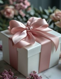 a white gift box with pink ribbon and flowers in the background