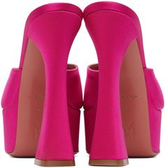 Satin heeled sandals in pink. · Open square toe · Logo-embossed leather footbed · Covered platform midsole · Covered modified stiletto heel with rubber injection · Leather sole · Platform: H1.5 in · Heel: H5 in Supplier color: Ruby Luxury Pink Open Heel Mules, Luxury Pink Pointed Toe Mules, Modern Pink Open Toe Heels, Designer High Heel Pink Mules, Designer Pink High Heel Mules, Pink Mules With Sculpted Heel For Party, Luxury Pink Mules For Evening, Modern Pink Sandals With Sculpted Heel, Pink Mules With Padded Open Heel