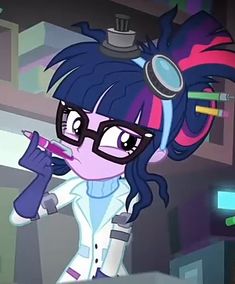 a cartoon character wearing glasses and holding a cell phone in her hand while looking at the camera