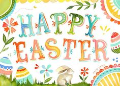 an easter card with the words happy easter written in large letters and a bunny sitting on grass