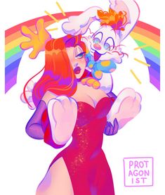 an image of a woman in a pink dress and bunny ears with rainbows behind her