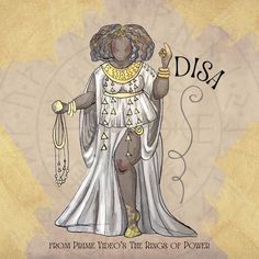 a drawing of a woman in white dress with gold jewelry on her head and the words disa written below it