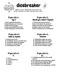 the dicebreakerr worksheet with instructions to use it as an interactive activity