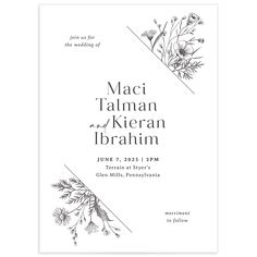 a wedding card with the words, maci talman and kireran librahim