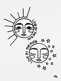 two sun and moon faces with stars in the sky above them on a white background