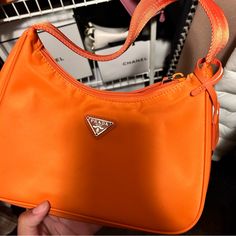 Mini Nylon Prada Shoulder Bag. Gift Has Small Stain On Back Trendy Nylon Shoulder Bag For Errands, Trendy Orange Nylon Bag, Nylon Shoulder Bag, Prada Shoulder Bag, Mini Bags, On Back, Color Orange, Mini Bag, Prada