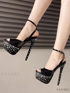 Lasaky - Premium Open Toe Black PU Leather Sandals with 2.8 Stiletto Heels and 6.3 Rhinestone Embellishments Trendy High Heels, Embellished Heels, Strappy Stilettos, Open Toe High Heels, Open Toed Heels, Rhinestone Embellishments, Estilo Chic, Leather High Heels, Open Toe Sandals