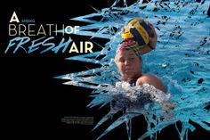 a woman in the water with a volleyball ball on her head and an advertisement for fresh air