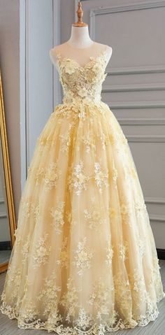 School Dance Dresses, Prom Dresses With Pockets, Floor Length Prom Dresses, Cute Prom Dresses, Custom Size Dresses, Beauty Dress, Yellow Lace, Long Prom Dress, Pale Yellow