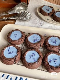 chocolate cookies with blue icing on a cooling rack next to silverware and spoons