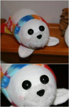 two pictures of stuffed animals one is white and the other is blue with black eyes