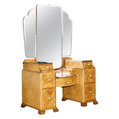 an antique wooden vanity with two mirrors on it's sides and one drawer under the mirror