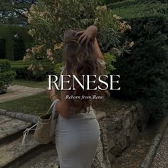 a woman is walking down some steps with her hand on her head and the words renese above her