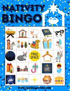 the nativity bingo game is shown on a blue background