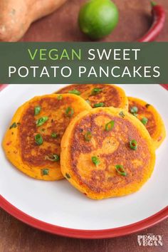 three sweet potato pancakes on a red and white plate with text overlay vegan sweet potato pancakes