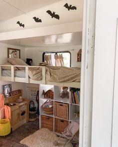 there are bats on the ceiling above the bunk beds in this rv bedding room