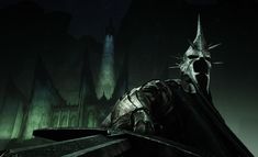 an image of a dark knight standing in front of a castle