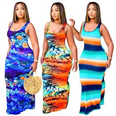 Hot Sales Colorful Printed Round Neck Sleeveless Halter Dress Striped Tie Dye, Elegant Plus Size, Round Neck Dresses, Latest African Fashion Dresses, Bodycon Fashion, Striped Tie, Everyday Dresses, African Fashion Dresses, Affordable Clothes