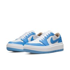 The Air Jordan 1 Elevate Low 'University Blue' Women is the perfect nod to a legendary moment in sneaker and basketball culture. These iconic shoes feature a two-toned look of crisp white leather with university blue overlays and a traditional Swoosh, commending Michael Jordan's 1982 NCAA Championship. But these shoes are more than just eye-catching — they provide comfort and durability essential for any athlete. All of this is supported by a flexibly modified chunky platform sole in white atop a uni blue rubber outsole with cork insoles. A remarkable style designed details inspires intentions of victory within those who wear it, reminding us that success never goes out of fashion. Experience true style and performance when you get your hands on your very own pair of the Air Jordan 1 Eleva Low-top Jordan Shoes With Gum Sole And White Sole, Blue High-top Platform Sneakers For Sports, High-top Blue Platform Sneakers For Sports, Blue Synthetic Sneakers With Gum Sole, Blue Sporty Platform Sneakers For Streetwear, Blue High-top Nike Air Force 1 With Gum Sole, Blue Nike Air Force 1 High-top With Gum Sole, Air Jordan 1 Elevate Low, Jordan 1 Elevate Low