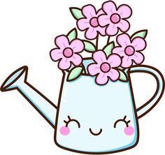 a blue watering can with pink flowers in it's top and smiling face on the side